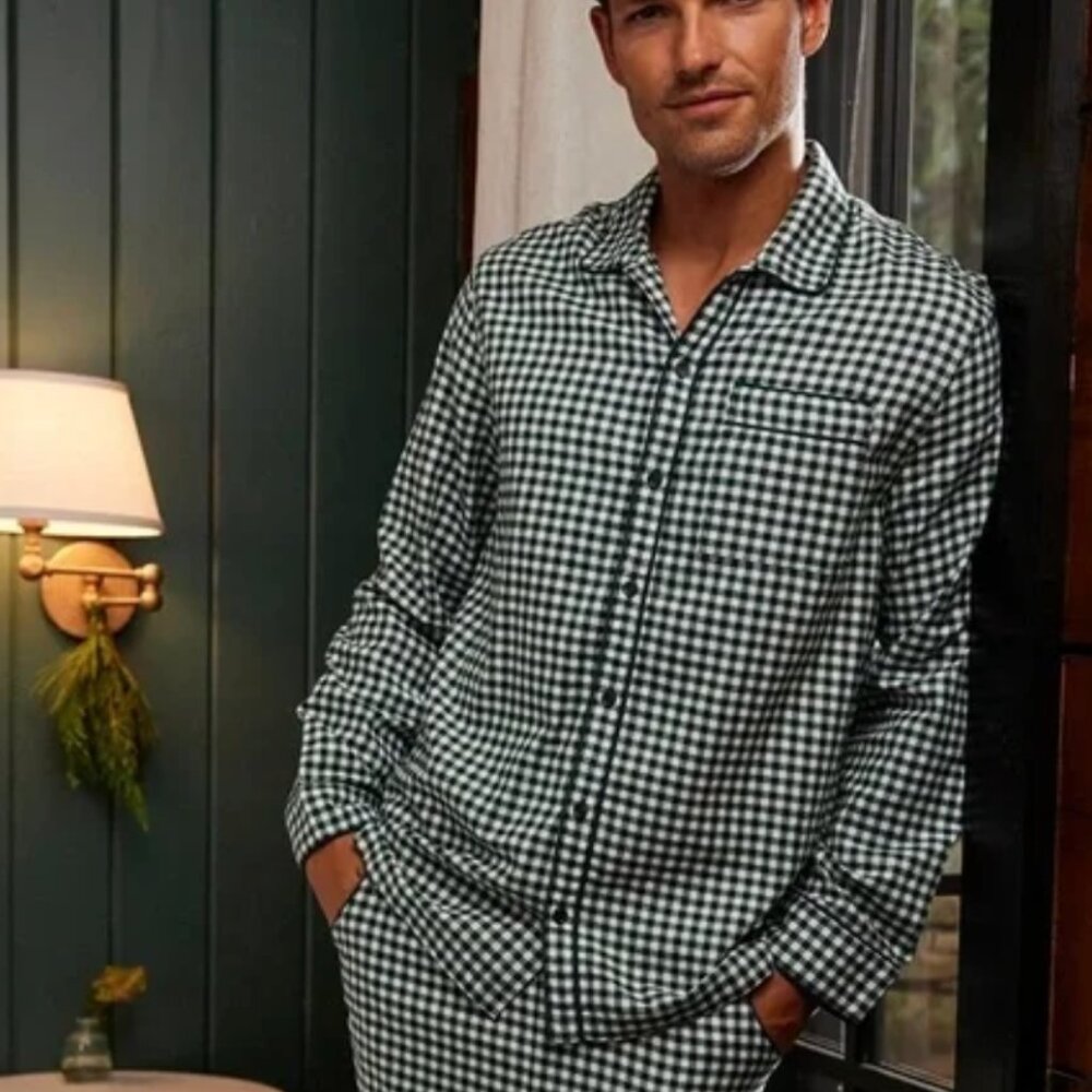 LAKE XL Green Gingham Button Up Cotton Flannel Pajama Shirt Top
